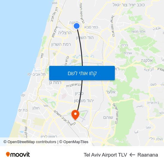 מפת Raanana לTel Aviv Airport TLV