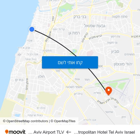 מפת Metropolitan Hotel Tel Aviv Israel לTel Aviv Airport TLV