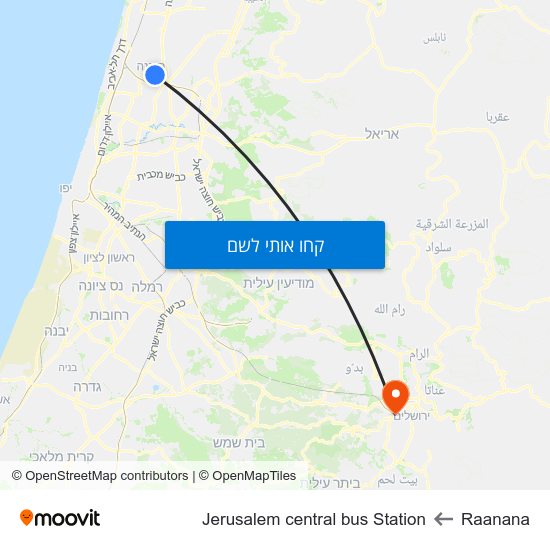 מפת Raanana לJerusalem central bus Station