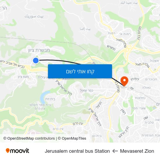 מפת Mevaseret Zion לJerusalem central bus Station