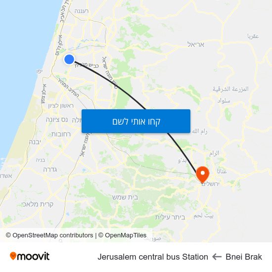 מפת Bnei Brak לJerusalem central bus Station
