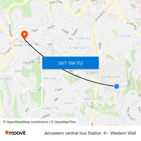 מפת Western Wall לJerusalem central bus Station