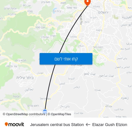 מפת Elazar Gush Etzion לJerusalem central bus Station