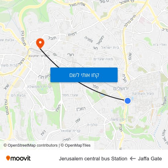 מפת Jaffa Gate לJerusalem central bus Station