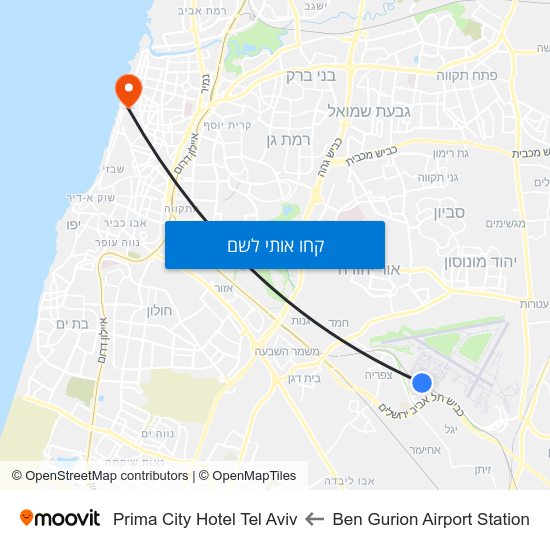 מפת Ben Gurion Airport Station לPrima City Hotel Tel Aviv