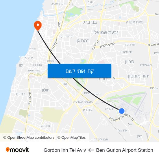 מפת Ben Gurion Airport Station לGordon Inn Tel Aviv