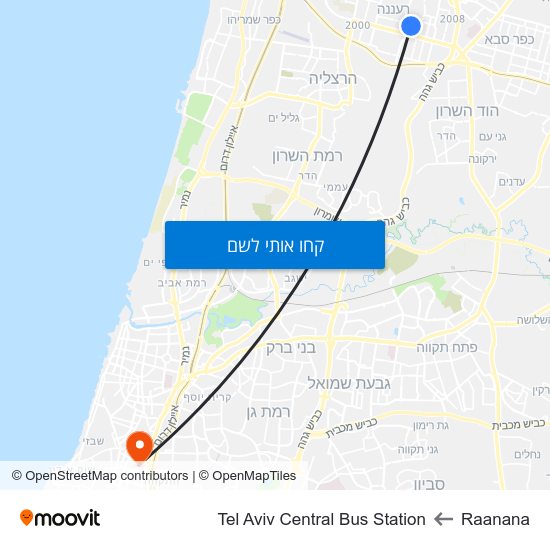 מפת Raanana לTel Aviv Central Bus Station