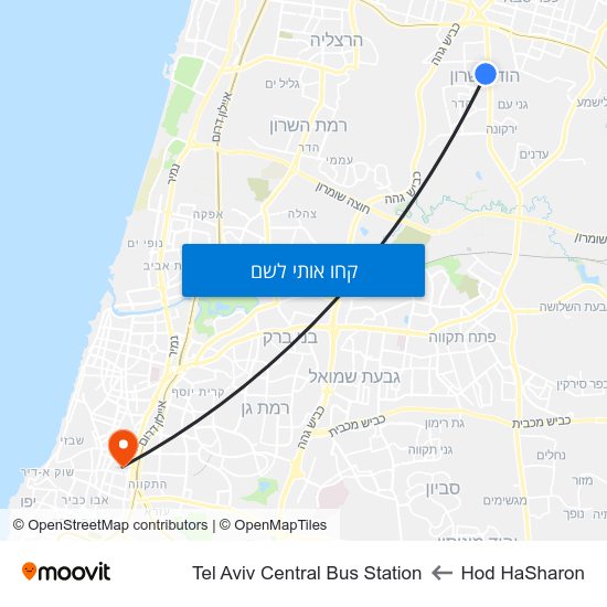 מפת Hod HaSharon לTel Aviv Central Bus Station