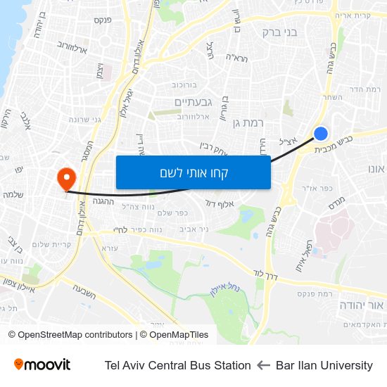 מפת Bar Ilan University לTel Aviv Central Bus Station