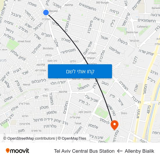 מפת Allenby Bialik לTel Aviv Central Bus Station