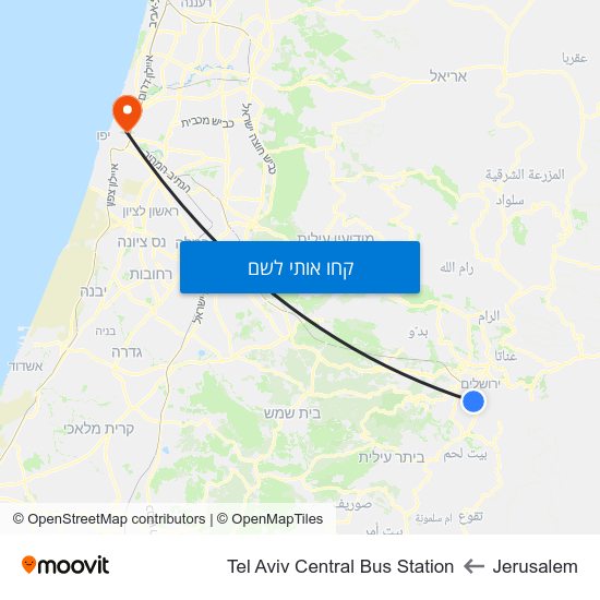 מפת Jerusalem לTel Aviv Central Bus Station