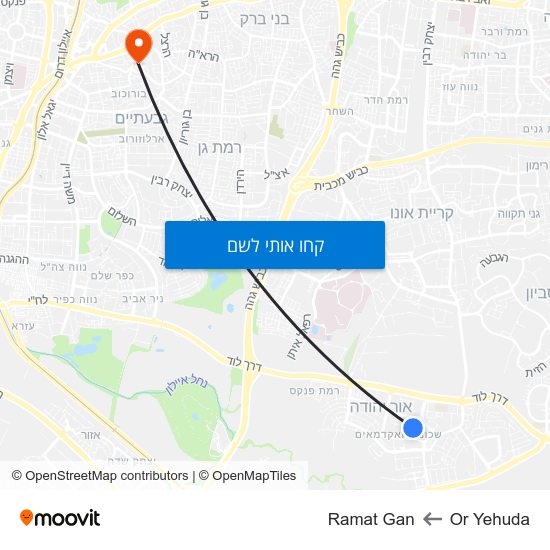 מפת Or Yehuda לRamat Gan