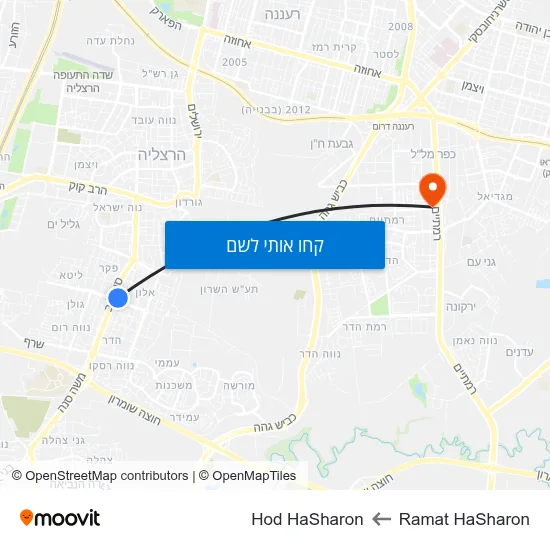 מפת Ramat HaSharon לHod HaSharon