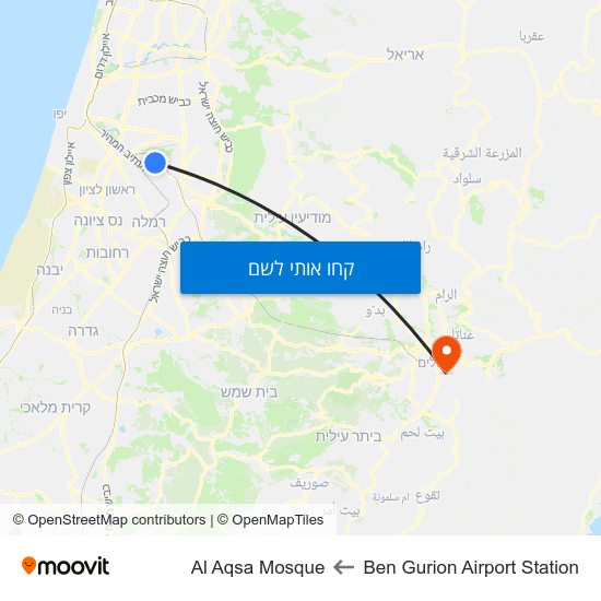 מפת Ben Gurion Airport Station לAl Aqsa Mosque