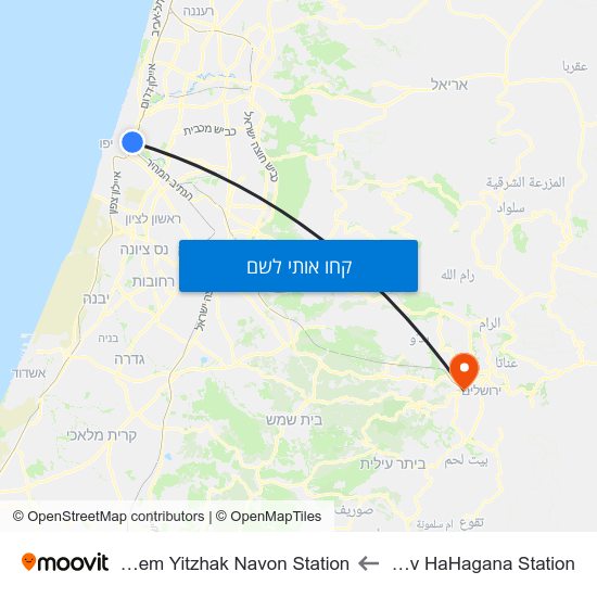 מפת Tel Aviv HaHagana Station לJerusalem Yitzhak Navon Station
