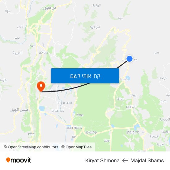 מפת Majdal Shams לKiryat Shmona