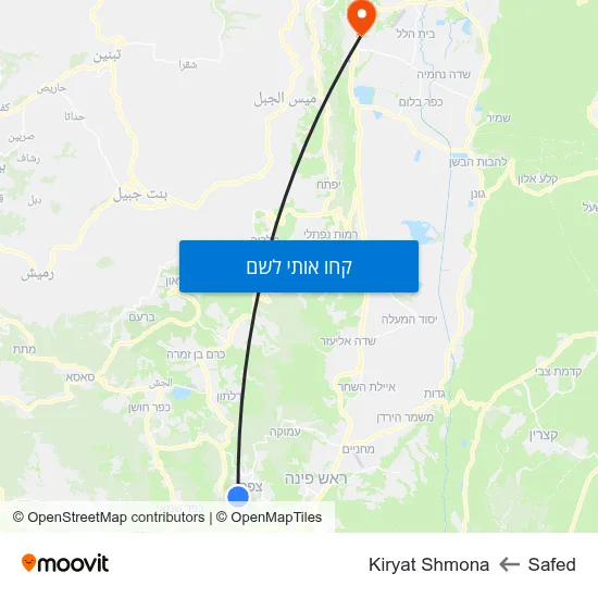 מפת Safed לKiryat Shmona