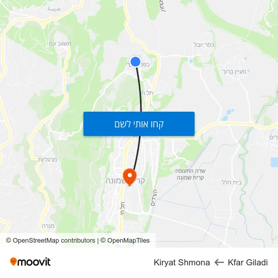 מפת Kfar Giladi לKiryat Shmona