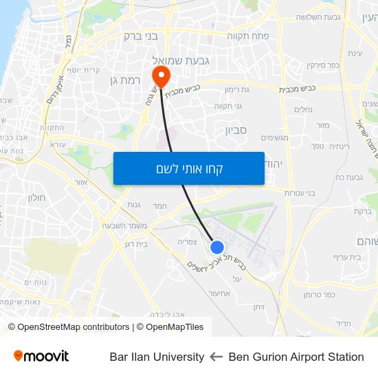 מפת Ben Gurion Airport Station לBar Ilan University