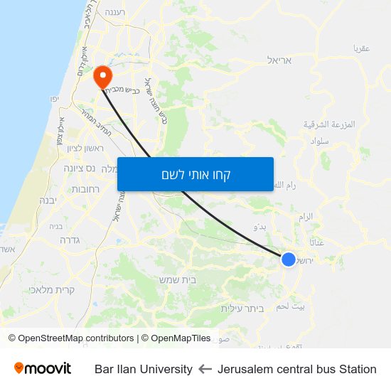 מפת Jerusalem central bus Station לBar Ilan University