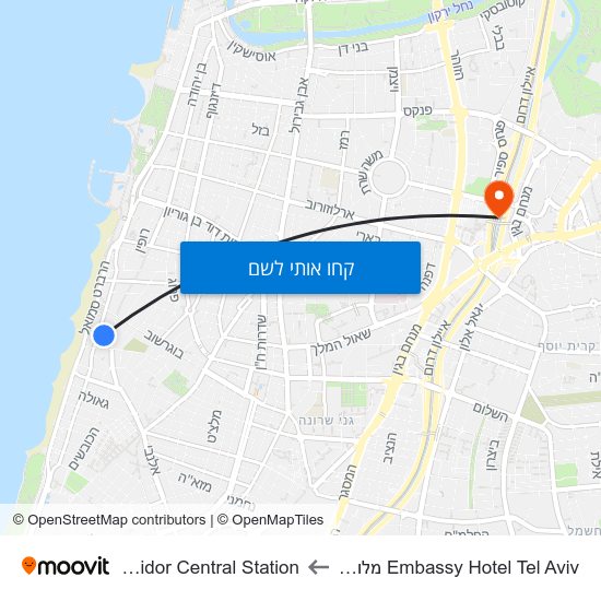 מפת Embassy Hotel Tel Aviv מלון אמבסי תל אביב לTel Aviv Savidor Central Station