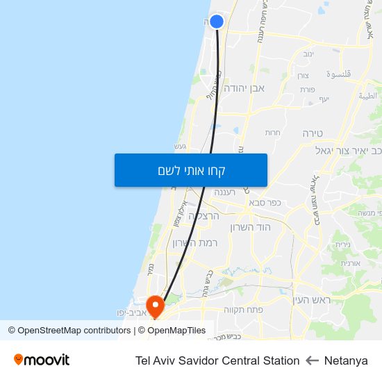 מפת Netanya לTel Aviv Savidor Central Station