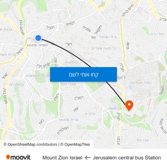מפת Jerusalem central bus Station לMount Zion Israel