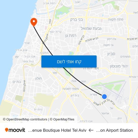 מפת Ben Gurion Airport Station לDizengoff Avenue Boutique Hotel Tel Aviv