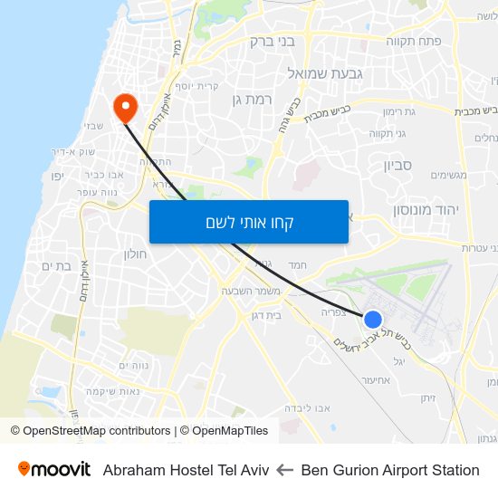 מפת Ben Gurion Airport Station לAbraham Hostel Tel Aviv