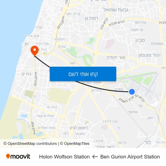 מפת Ben Gurion Airport Station לHolon Wolfson Station