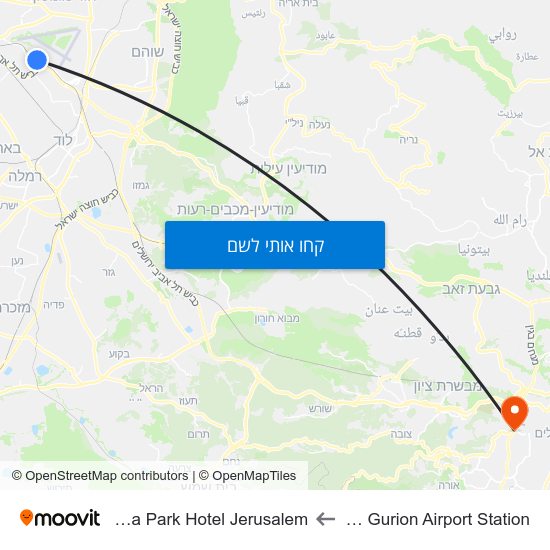 מפת Ben Gurion Airport Station לPrima Park Hotel Jerusalem