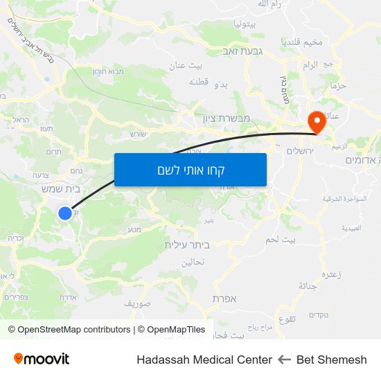 מפת Bet Shemesh לHadassah Medical Center