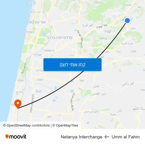 מפת Umm al Fahm לNetanya Interchange