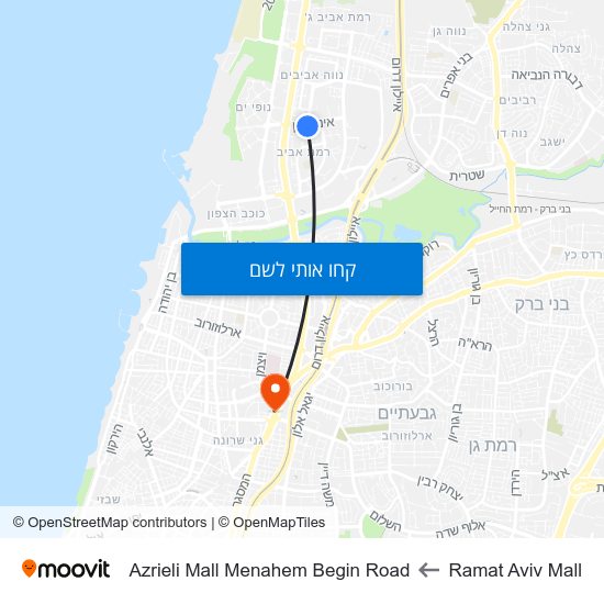 מפת Ramat Aviv Mall לAzrieli Mall Menahem Begin Road