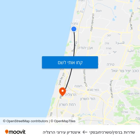 מפת שדרות בנימין/טשרניחובסקי לאיצטדיון עירוני הרצליה