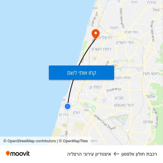 מפת רכבת חולון וולפסון לאיצטדיון עירוני הרצליה