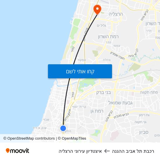 מפת רכבת תל אביב ההגנה לאיצטדיון עירוני הרצליה