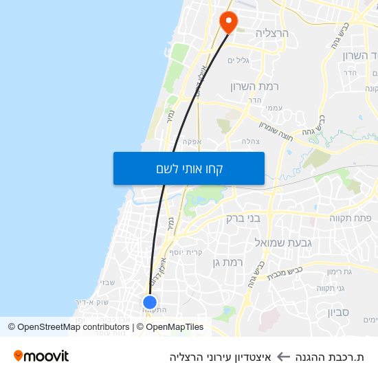 מפת ת.רכבת ההגנה לאיצטדיון עירוני הרצליה