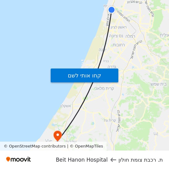 מפת ת. רכבת צומת חולון לBeit Hanon Hospital