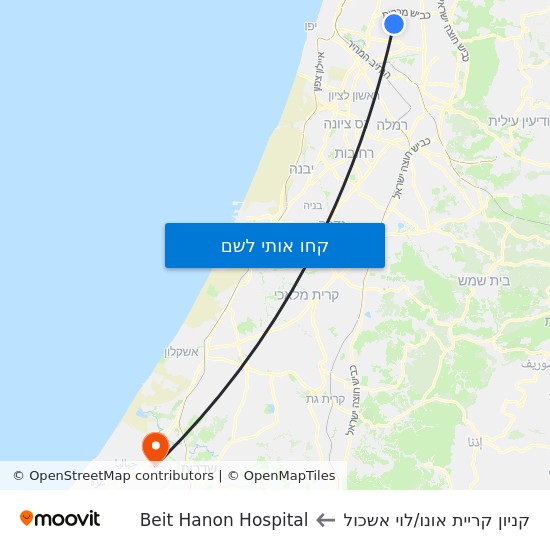 מפת קניון קריית אונו/דרך לוי אשכול לBeit Hanon Hospital