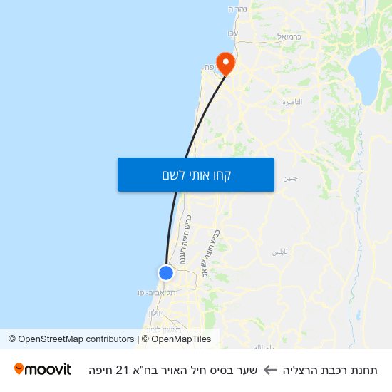 מפת תחנת רכבת הרצליה לשער בסיס חיל האויר בח"א 21 חיפה