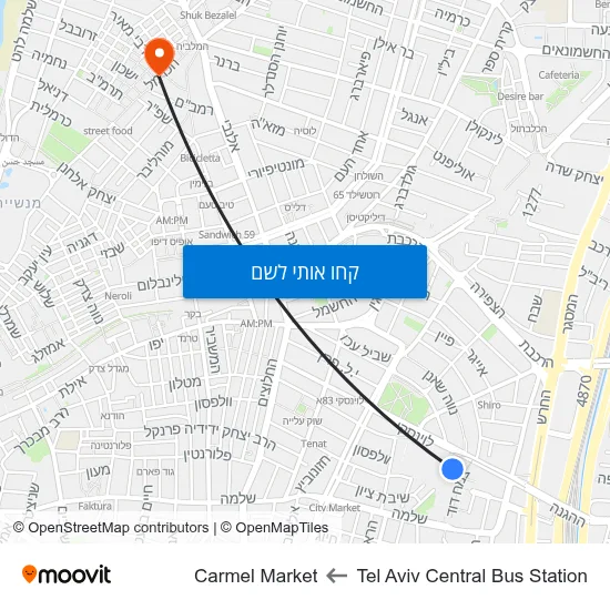מפת Tel Aviv Central Bus Station לCarmel Market