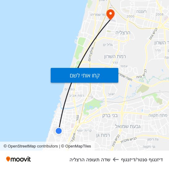 מפת דיזנגוף סנטר/דיזנגוף לשדה תעופה הרצליה