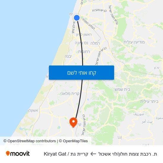 מפת ת. רכבת צומת חולון/לוי אשכול לקריית גת / Kiryat Gat