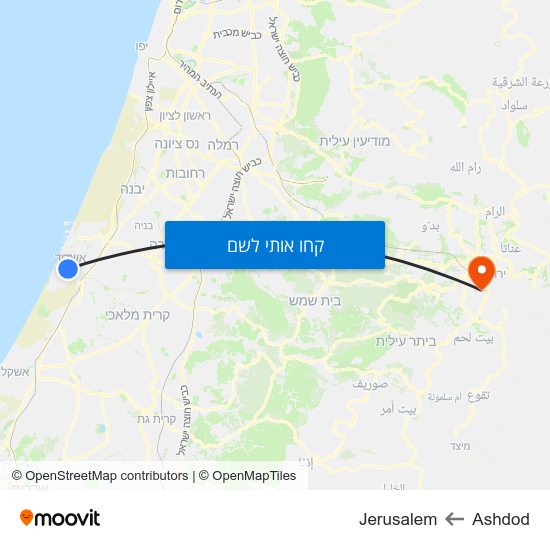 מפת Ashdod לJerusalem