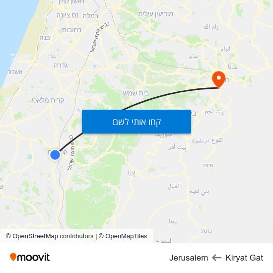 מפת Kiryat Gat לJerusalem
