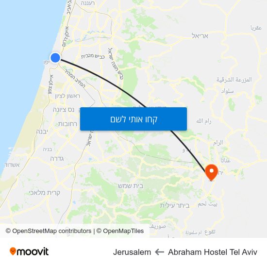 מפת Abraham Hostel Tel Aviv לJerusalem