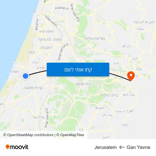 מפת Gan Yavne לJerusalem