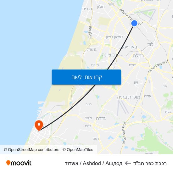 מפת רכבת כפר חב"ד לAshdod / Ашдод / אשדוד