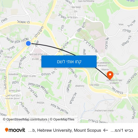 מפת כביש 1/המטה הארצי לMaiersdorf  Faculty Club,  Hebrew University,  Mount Scopus